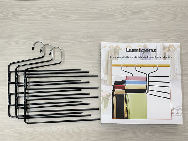 Lumigens Pants Hangers -3 Pack Non Slip Open Ended Pants  Jean Hangers for Closet - 5-Tier Space Saving Clothes Hanger - Strong, Durable, Metal Pant Hangers, Black