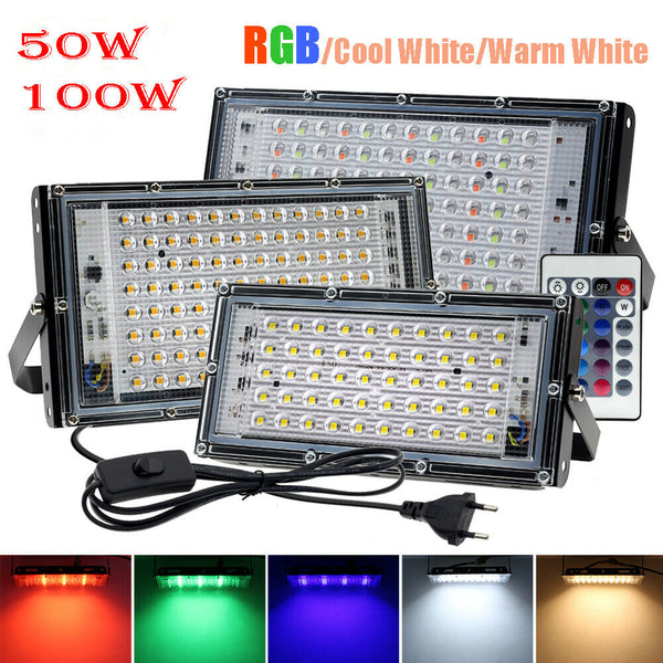 50W 100W LED Flood Light Cool White RGB Outdoor Spotlight Waterproof Garden Lamp